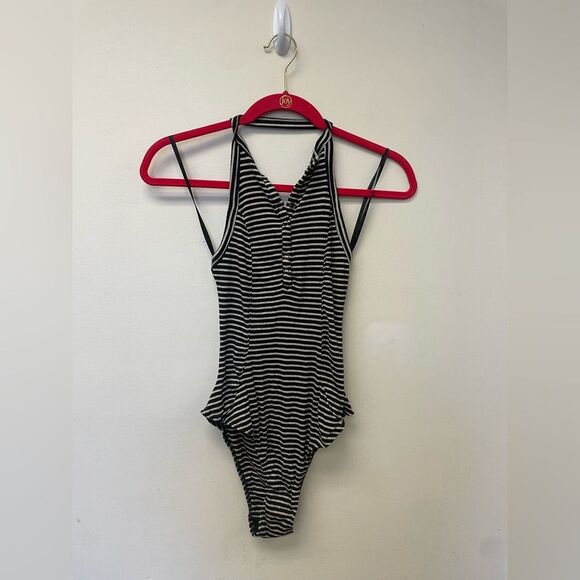 Urban Outfitters Out From Under Snap Front Halter High Neck Striped Bodysuit - Picture 1 of 6